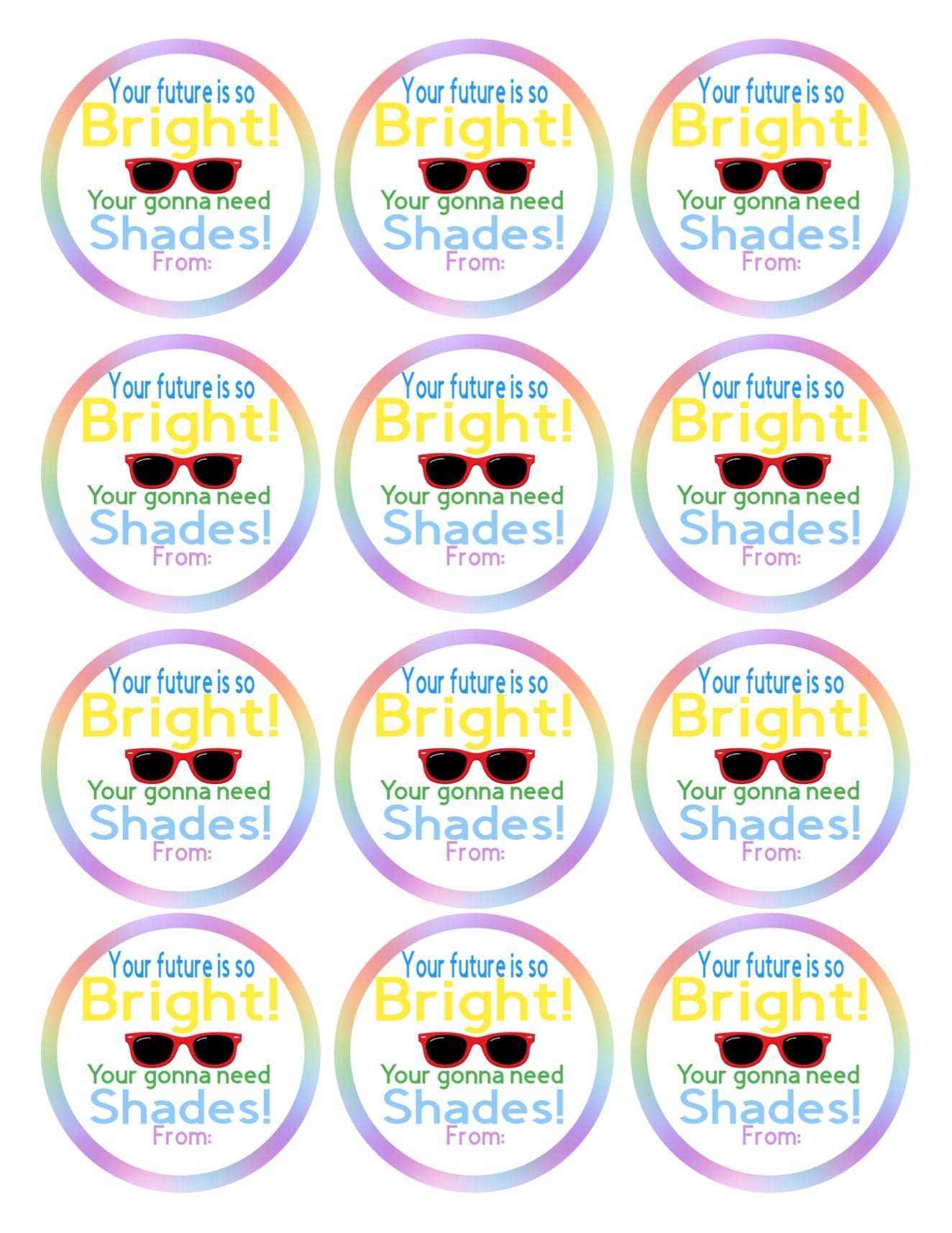 PRINTABLE Sunglasses Gift Tag, Your future is so Bright, your gonna need shades gift tag, end of year gifts