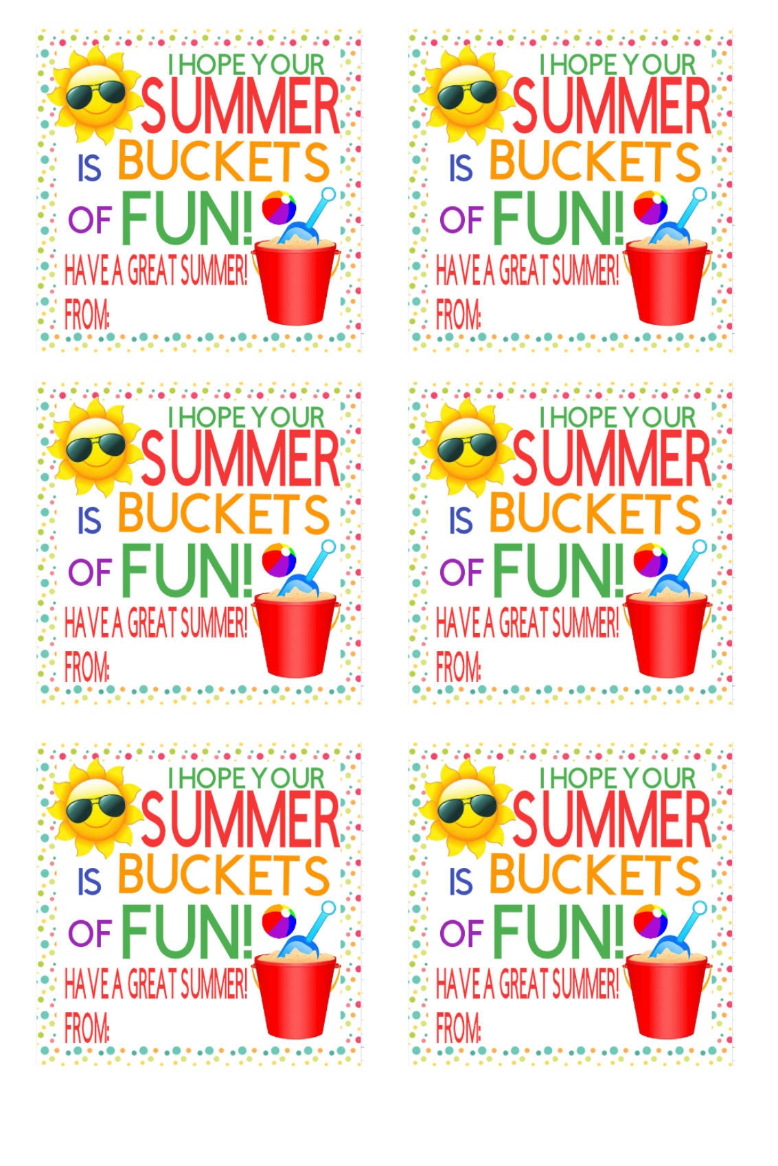 PRINTABLE Buckets of Fun Gift Tags, Beach Tags, End of School Year Gift Tags, Summer Tags, Students Gift Tags