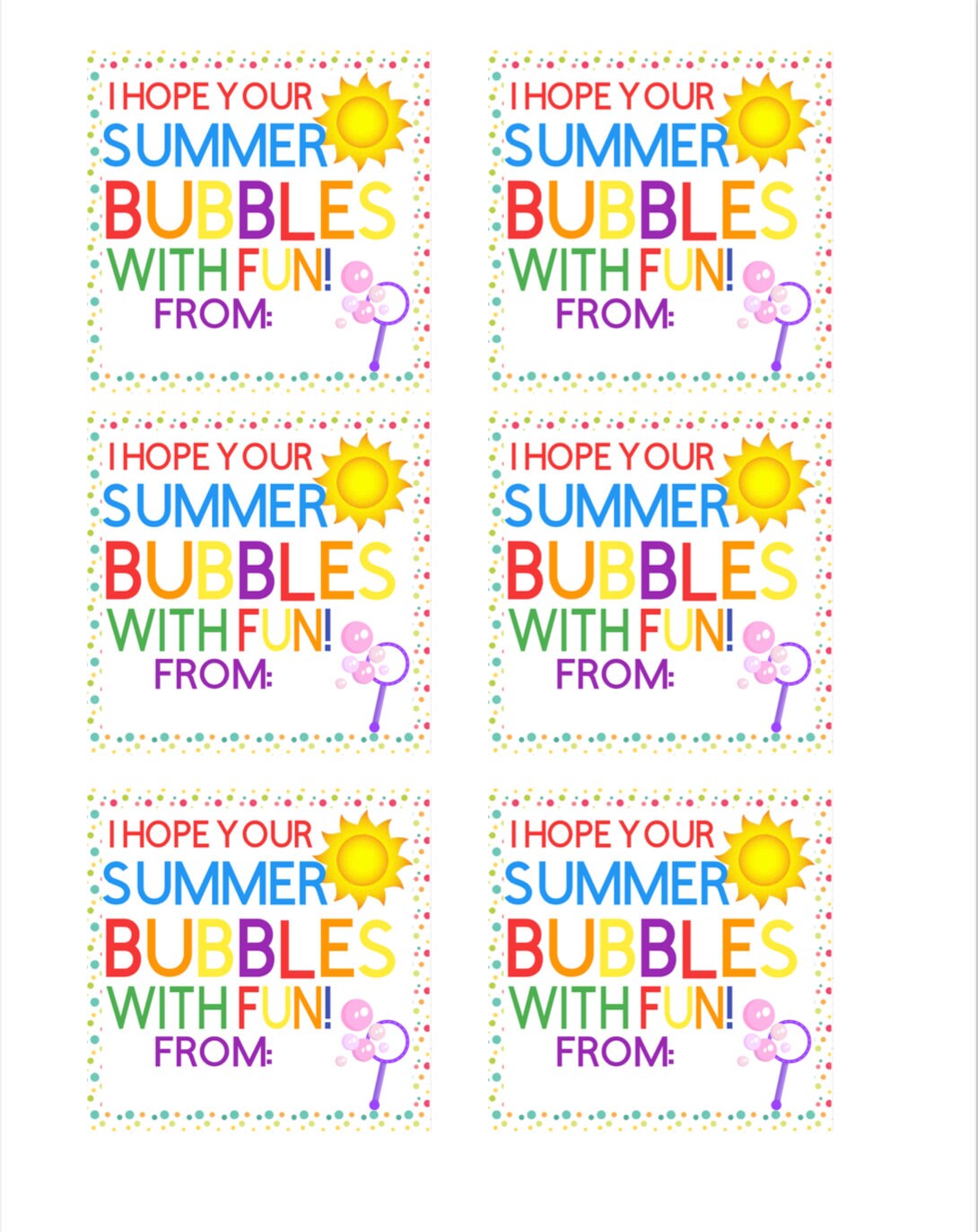 PRINTABLE Bubbles With Fun Gift Tag, End of the Year Gift Tag, Gifts for Students, Summer Gifts, Beach Gifts, From Teacher