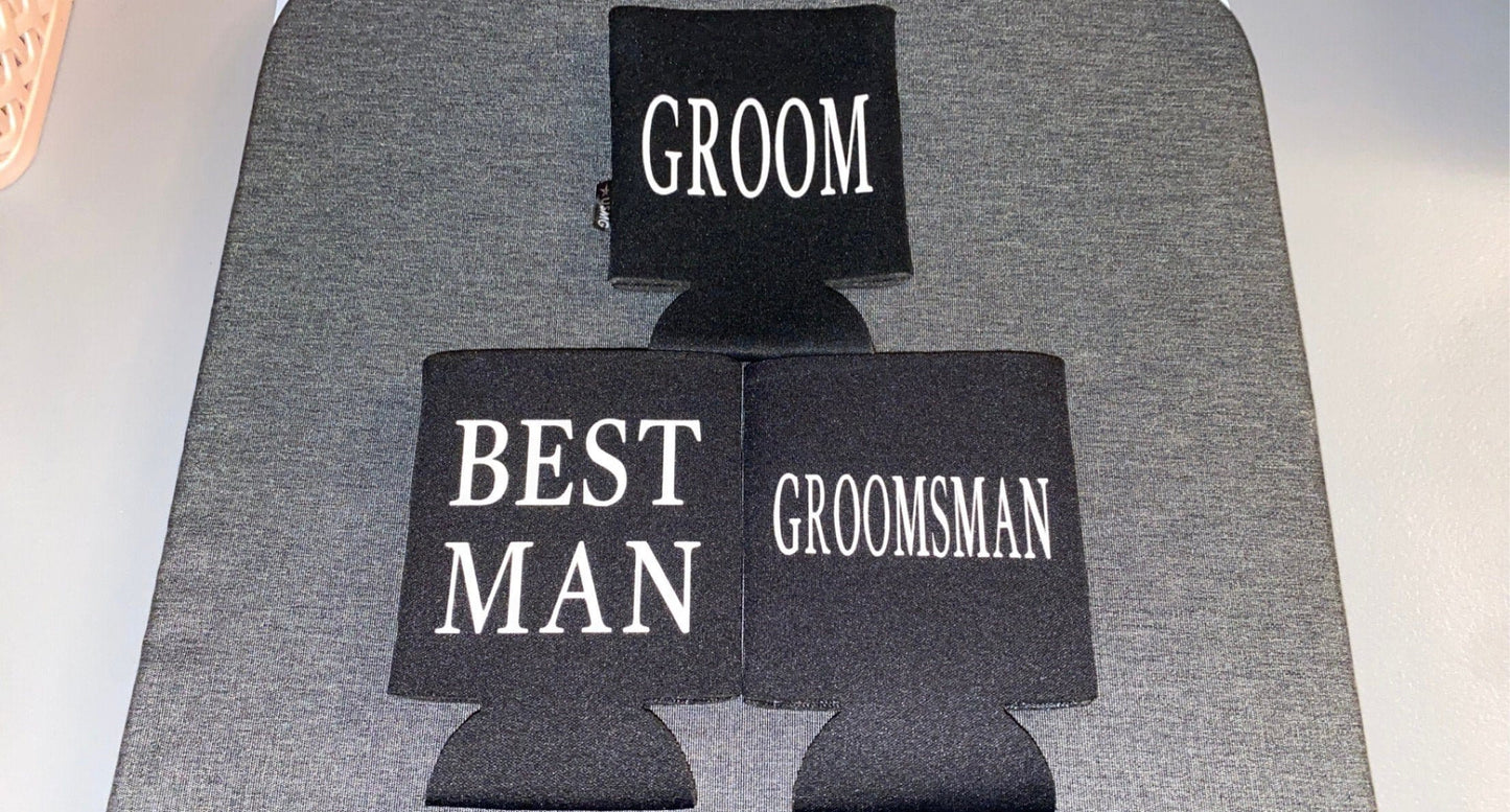 Groom, Groomsman, Best Man Can Holders, Wedding, Koozies, Cozies, Favors, Gifts. Gift Ideas, Proposal, Custom, Personalized