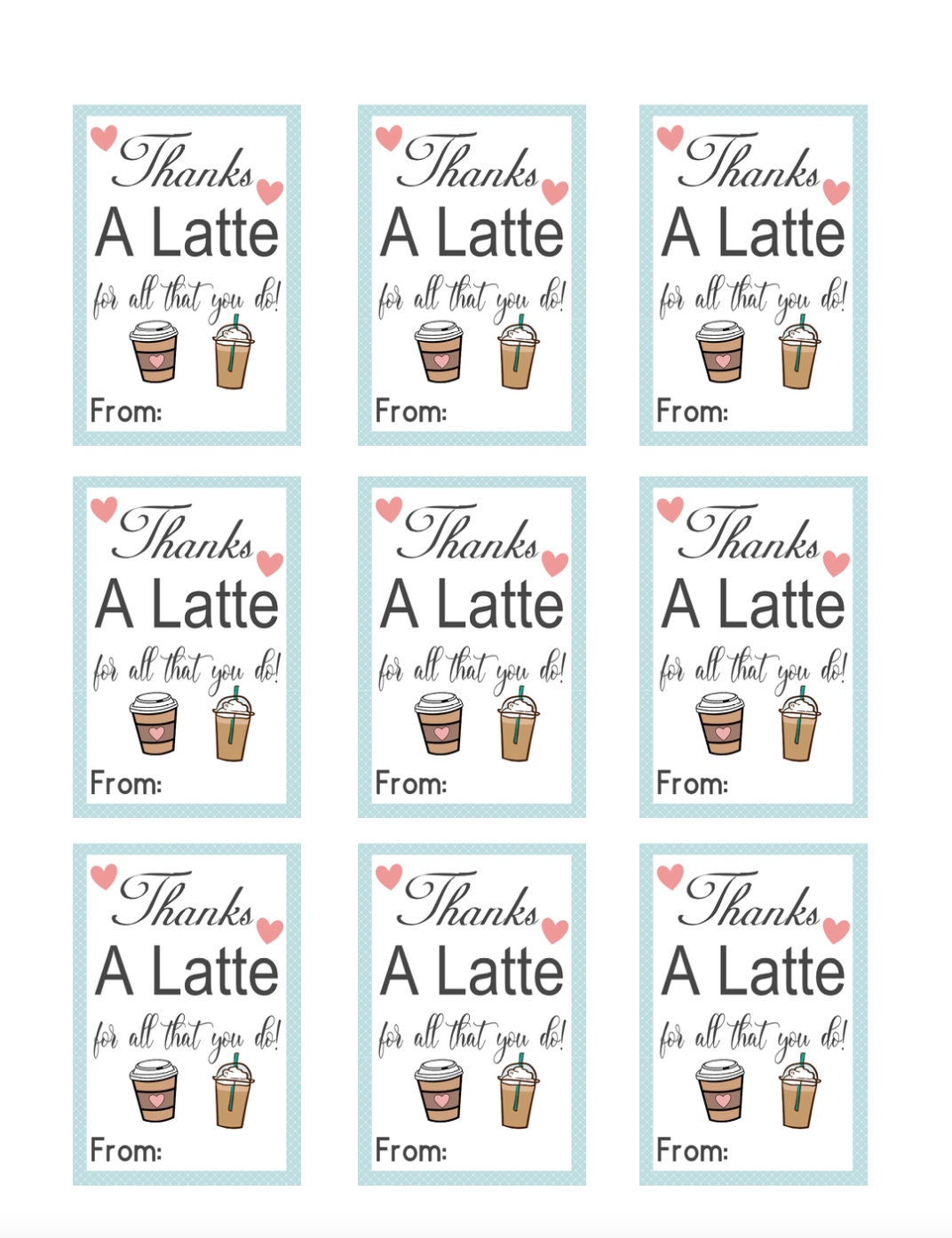 PRINTABLE Thanks A Latte Tag, Thank You Tag, Teacher Tag, Teacher Appreciation Tag, Gift Tag, Instant Download