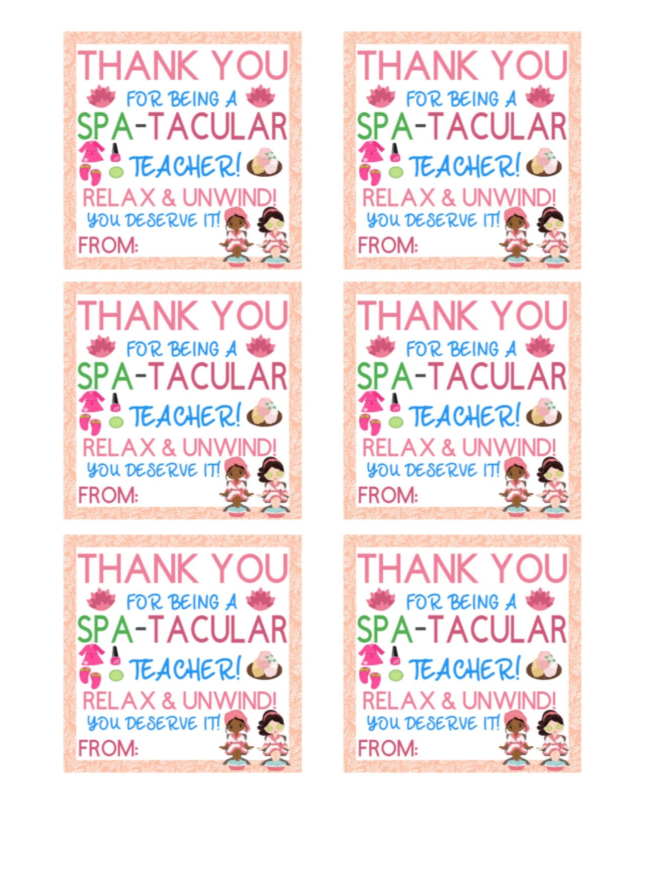 PRINTABLE Spa-Tacular Teacher Gift Tag, Teacher Appreciation Gift Tag, Thank You, Relax, Teacher Label