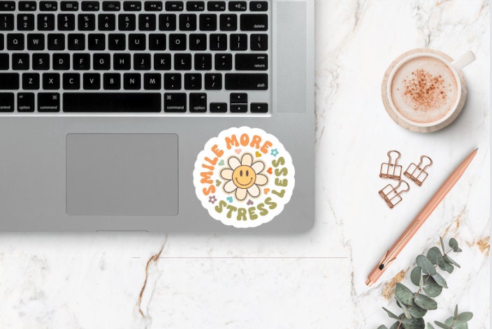 Smile More Stress Less Sticker ~ Waterproof ~ Inspirational Quote ~ Retro ~ Smiley Face ~ Daisy ~ Laptop ~ Decal ~ Water Bottle ~ Notebook
