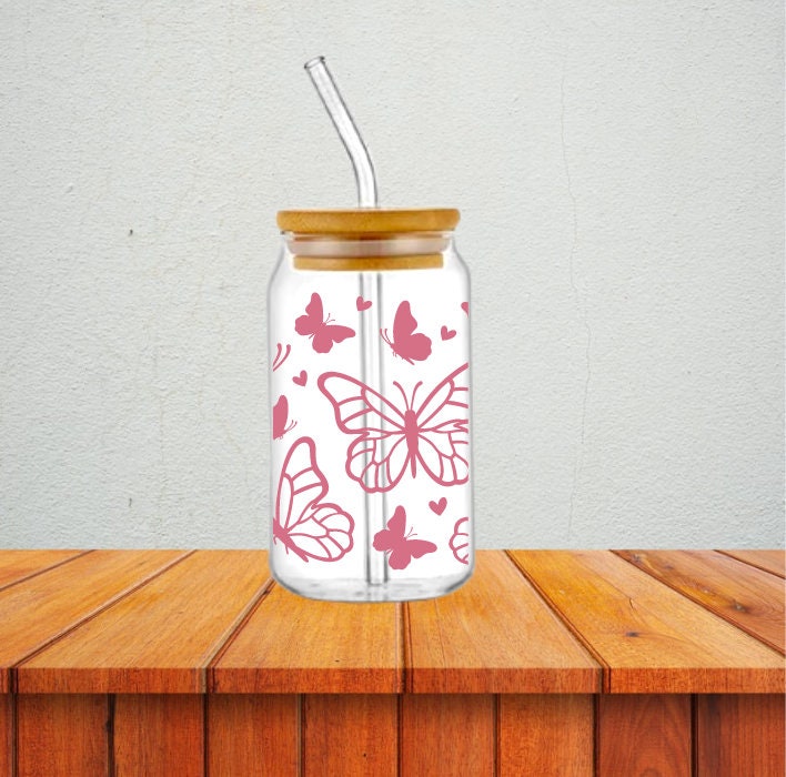 Butterfly Libbey Glass Can ~ 16 oz. ~ Iced Coffee ~ Soda ~ Beer ~ Gifts For Her ~ Bamboo Lid ~ Bridesmaid ~ Friends ~ Gifts ~ Glass Straw