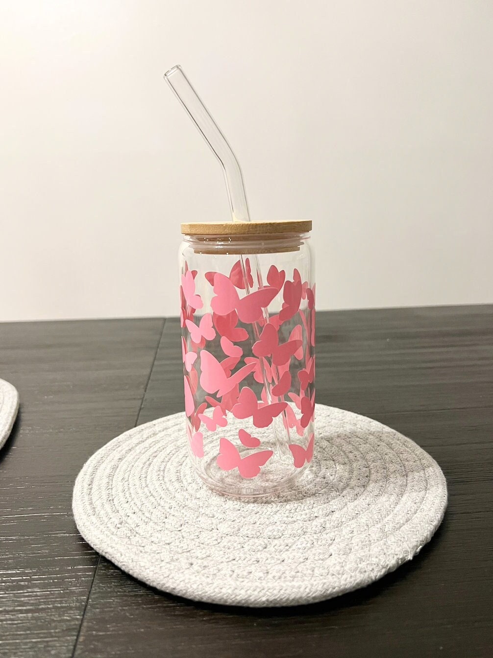 Butterfly Libbey Glass Can ~ 16 oz. ~ Iced Coffee ~ Soda ~ Beer ~ Gifts For Her ~ Bamboo Lid ~ Bridesmaid ~ Friends ~ Gifts ~ Glass Straw