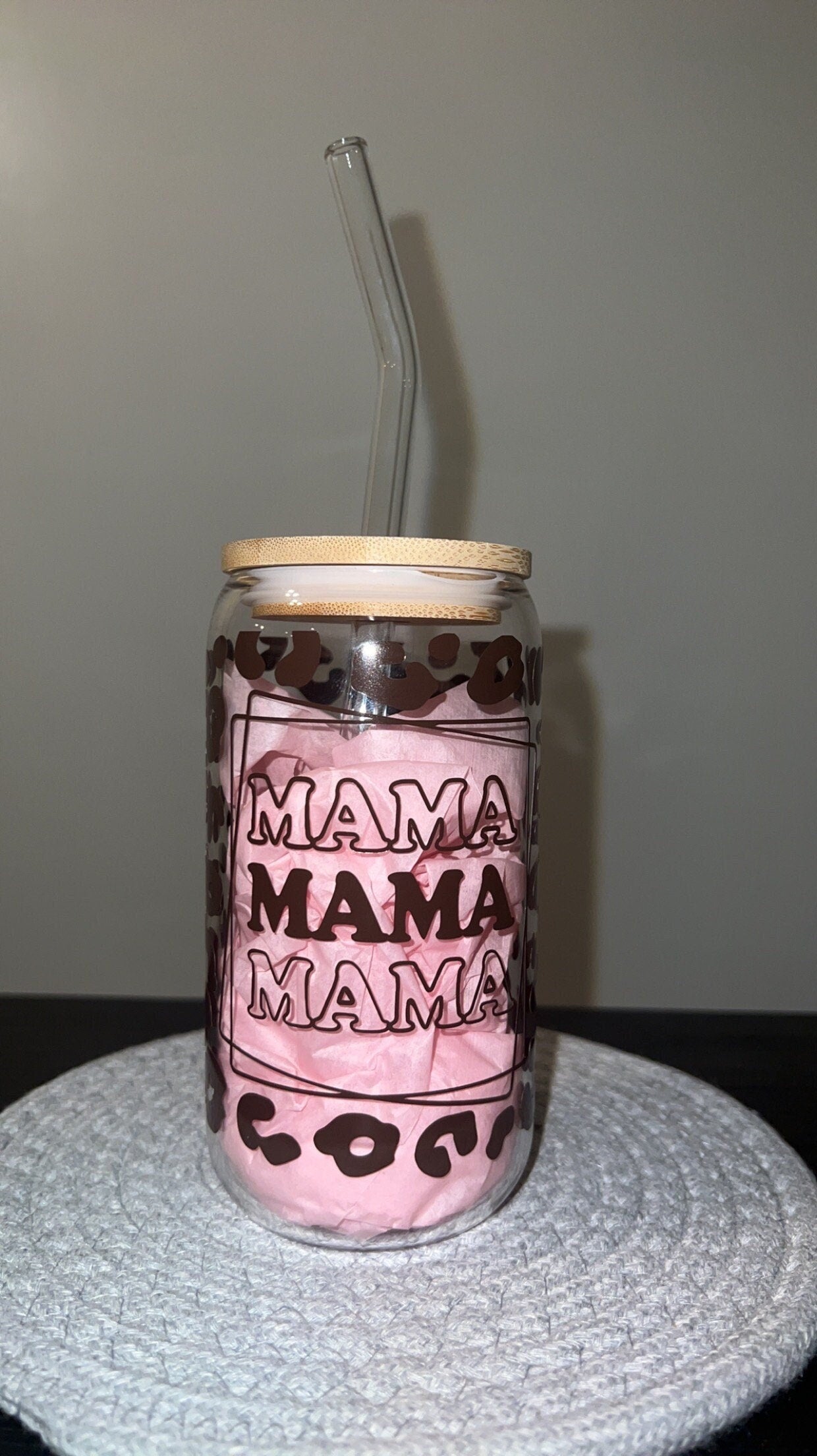 Mama Leopard Glass Cup ~ Libbey Glass Can ~ 16 oz ~ Cheetah Print ~ Mama ~  Coffee ~ Beer ~ Gift Ideas ~ For Her ~ Personalized ~ Custom