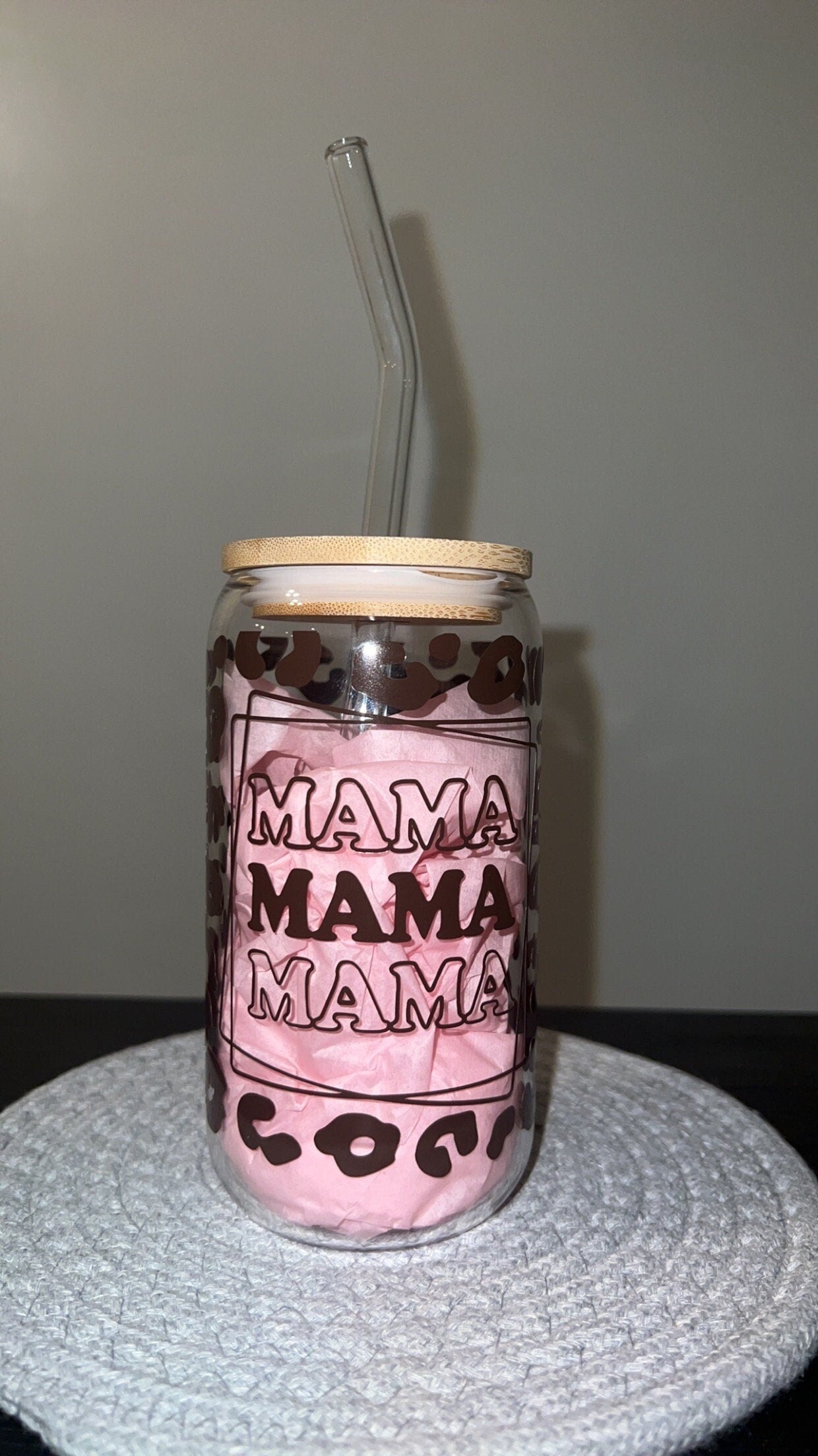 Mama Leopard Glass Cup ~ Libbey Glass Can ~ 16 oz ~ Cheetah Print ~ Mama ~ Coffee ~ Beer ~ Gift Ideas ~ For Her ~ Personalized ~ Custom